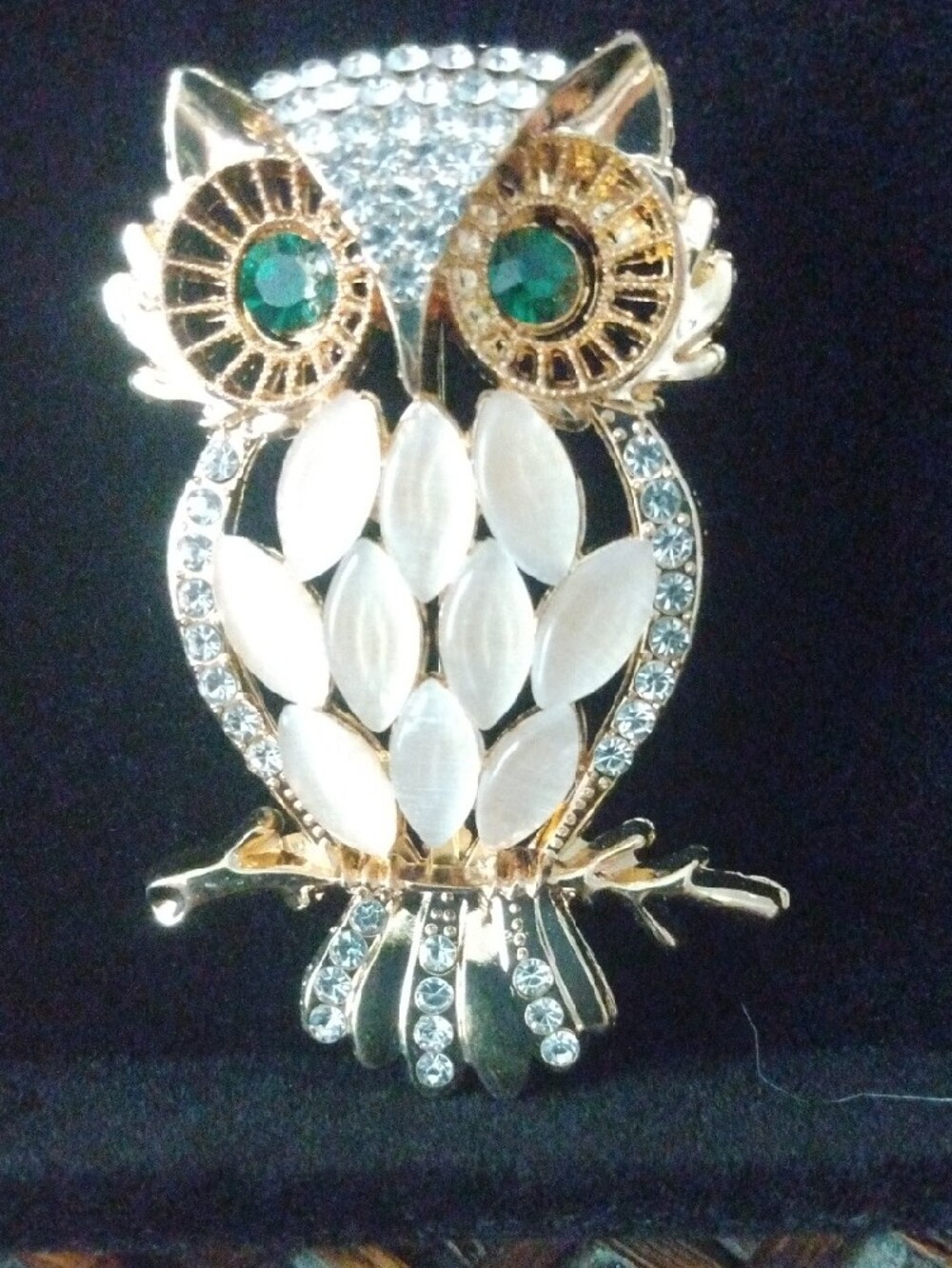 Gold-Tone Owl Brooch with White Marquise Accents and Green Eyes - Picture 3 of 3